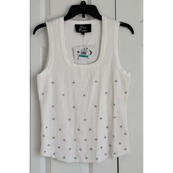 NINA PARKER WOMENS TOP/VEST BRIGHT WHITE SLEEVELES KNIT SCOOP NECK RHINESTONES - Picture 2 of 6